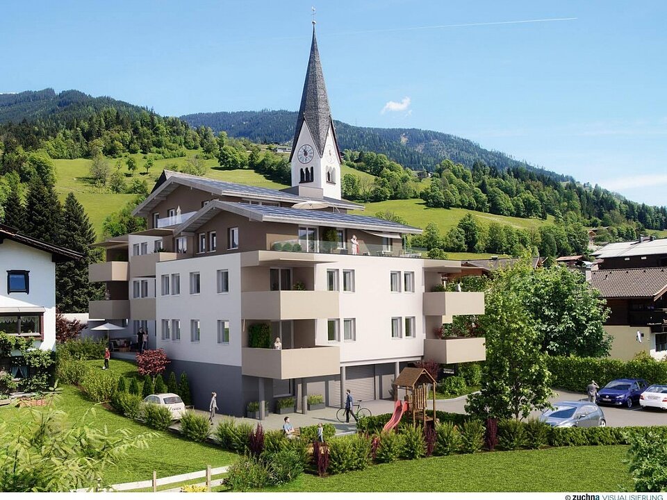 Visualisierung des Bauvorhabens der Wohnanlage Kirchenwirt in Uttendorf